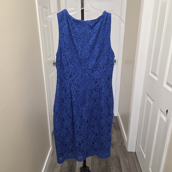 Lauren Ralph Lauren Blue Lace Dress Sleeveless Cotton Blend Sheath Midi Elegant - Picture 7 of 8